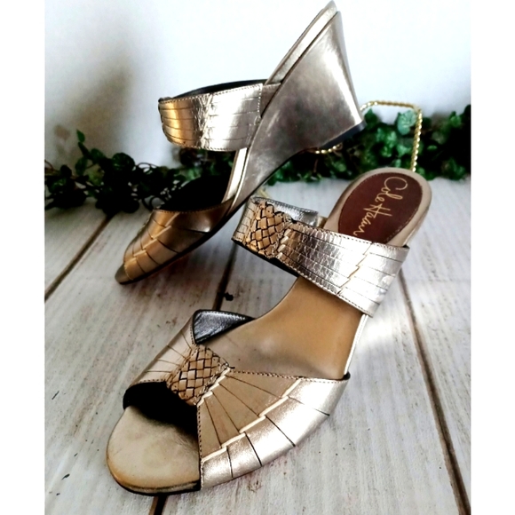 Cole Haan Open Toe Leather Straps Slide On Wedge Sandal - Gold Metallic - Picture 2 of 15